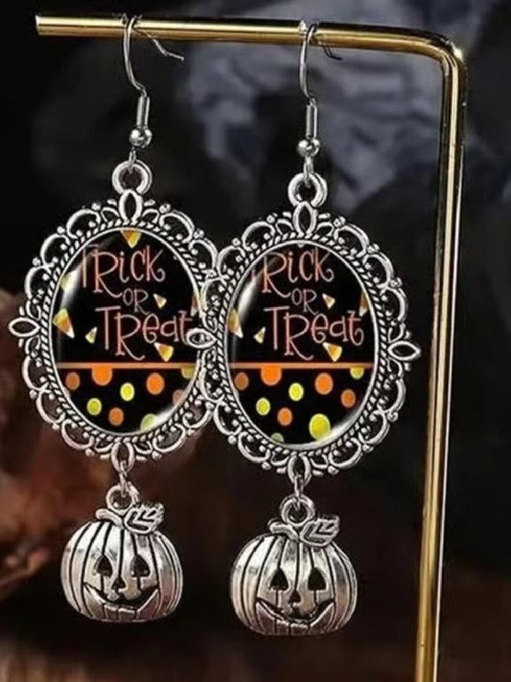 Silver TRICK or TREAT Halloween Dangle Earrings
